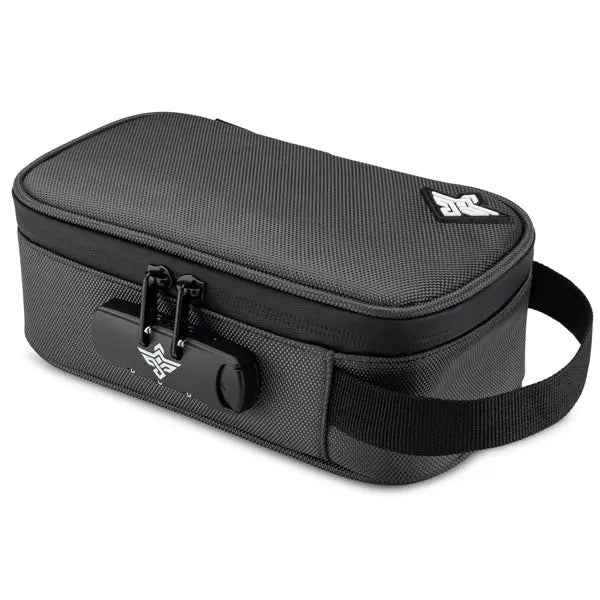 The Erozul Genesis Storage Travel Case is a black, textured, water-resistant organizer bag with an attached handle and front combination lock—perfect as a smell proof travel case for your essentials.